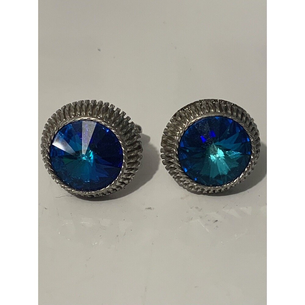 Vintage Dante Silver Tone Cufflinks Adorned with Emerald Rhinestones Round 1”